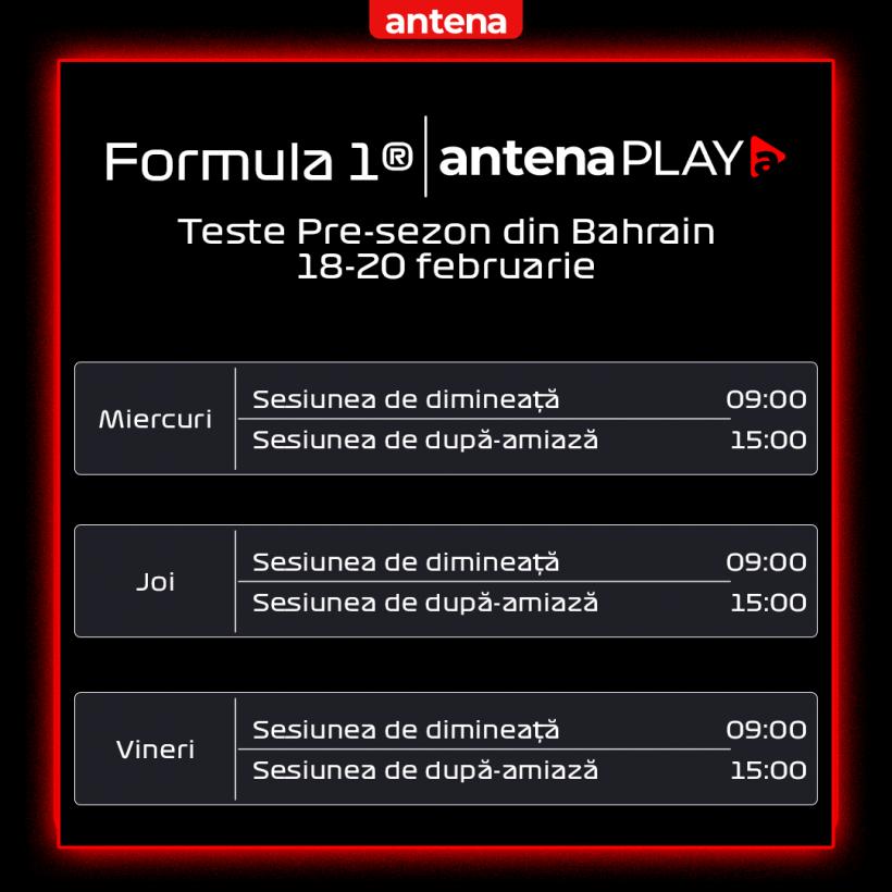 Testele pre-sezonului Formula 1 de la Bahrain vor fi difuzate în exclusivitate pe AntenaPLAY