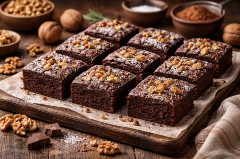 Negresă de post cu nucă, rețetă simplă, pufoasă și intens aromată