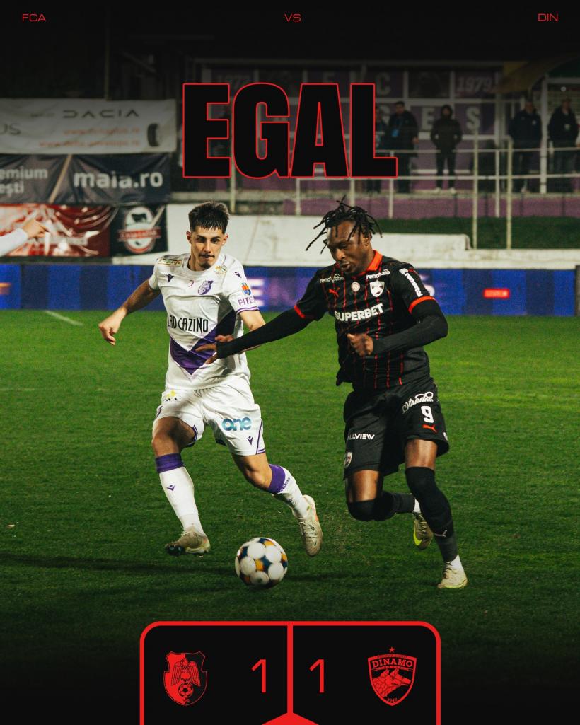 FC Argeș și Dinamo București împart punctele, scor 1-1