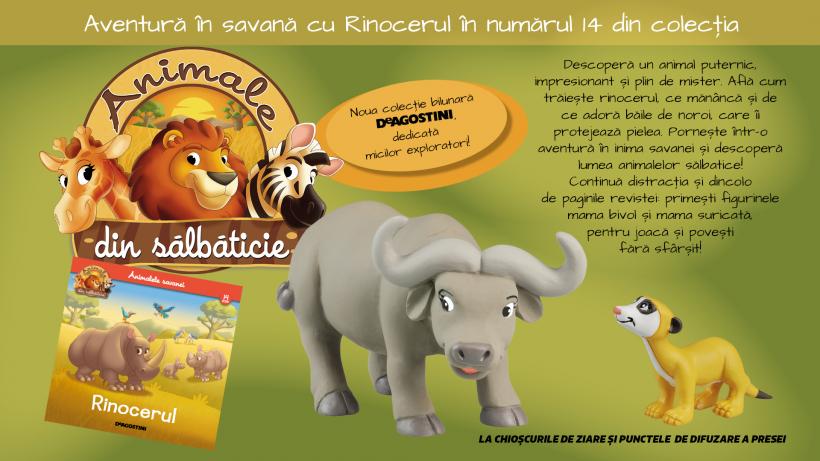 Rinocerul, gigantul savanei, te așteaptă într-o nouă aventură! Numărul 14 din „Animale din sălbăticie”, la chioșcuri din 14 aprilie.