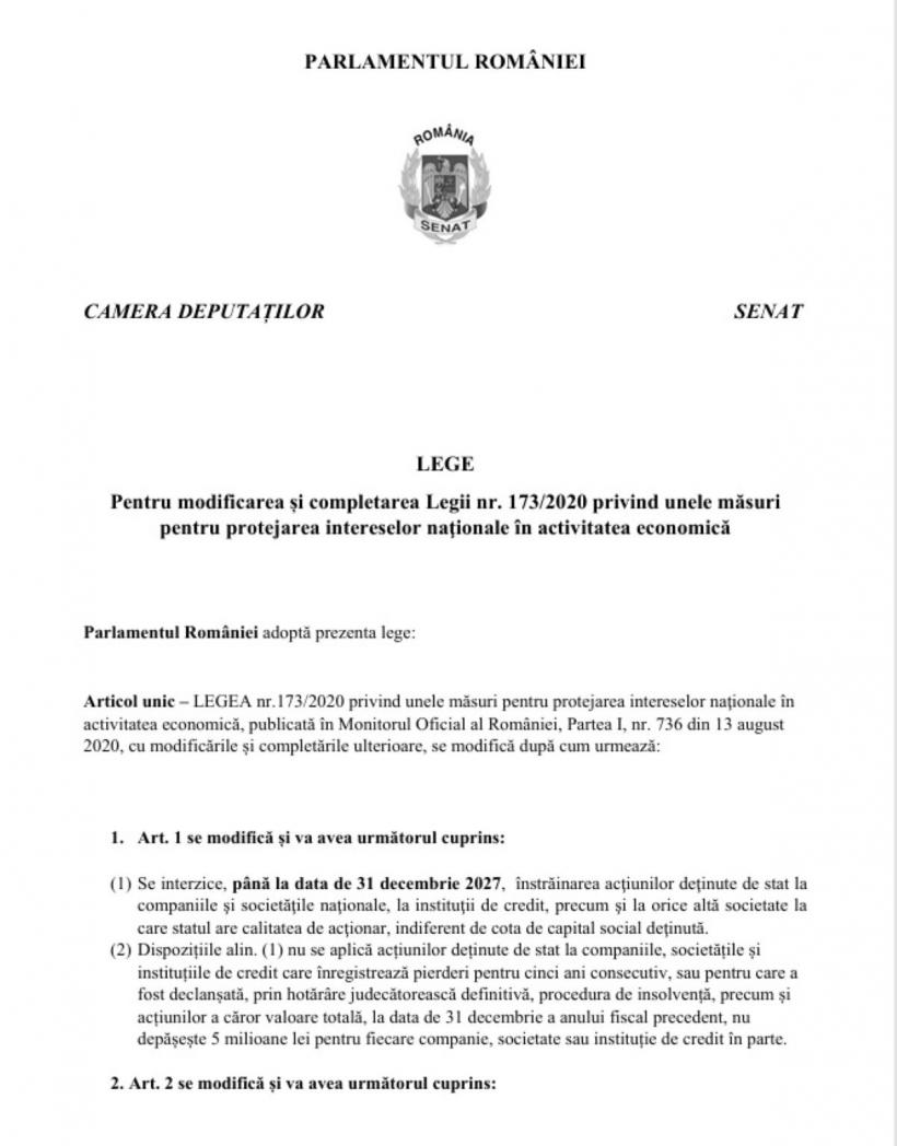 Avem documentul care blochează înstrăinarea acțiunilor la companiile strategice de stat, până la data de 31 decembrie 2027 19004350