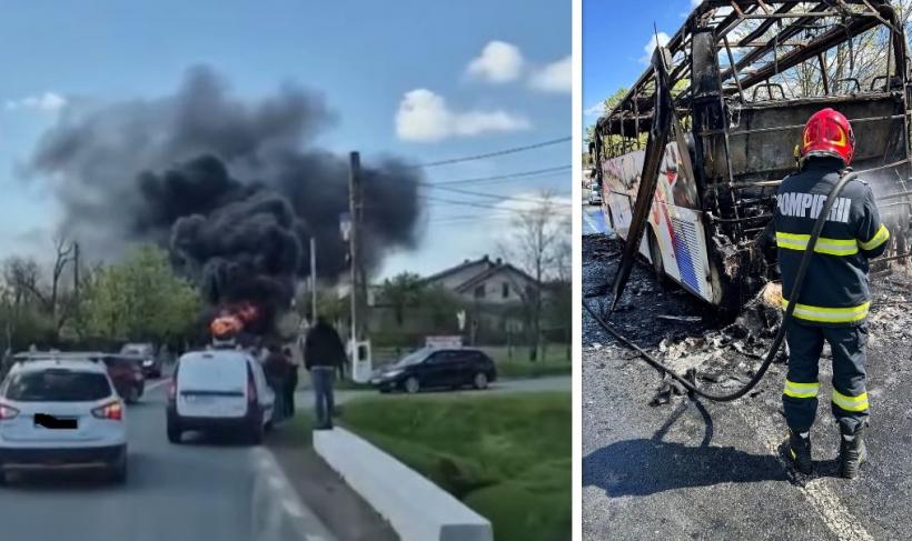 Momente de panică în Tulcea: un autocar a luat foc cu 27 de pasageri la bord
