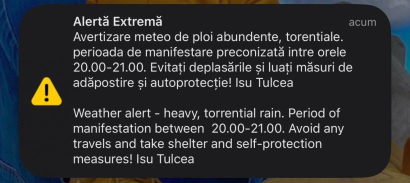 Alertă imediată EXTREMĂ de ploi torențiale și grindină la Tulcea 