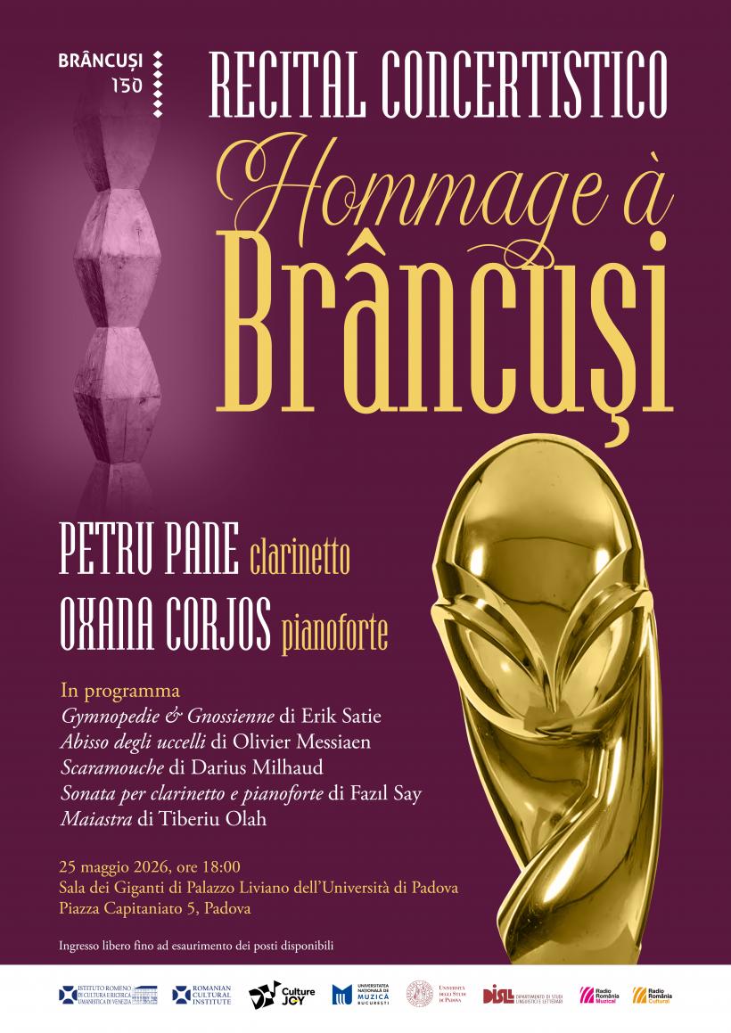 Recitalul cameral de muzică clasică „Hommage à Brâncuşi”, în interpretarea artiştilor Petru Pane (clarinet) şi Oxana Corjos (pian) la Padova, în Italia