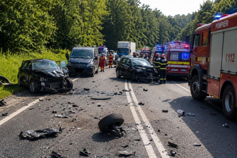 Plan roșu de intervenție pe DN1, în județul Sibiu! 15 persoane implicate într-un carambol violent cu patru autoturisme 19011237