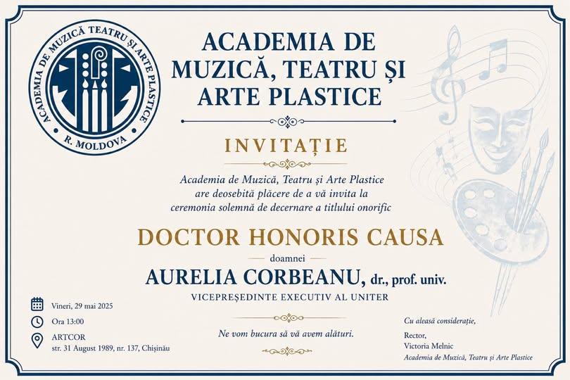 Managerul cultural Aura Corbeanu a primit titlul onorific Doctor Honoris Causa, distincție acordată de Academia de Muzică, Teatru și Arte Plastice Chișinău 19011306