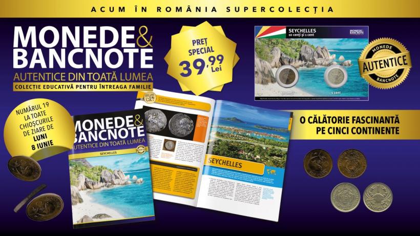 Colecția „Monede și Bancnote autentice din toată lumea” ajunge într-o destinație exotică: Seychelles. Revista, două monede și fișa numismatică, de luni, la chioșcuri!