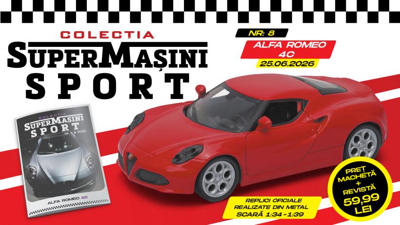 Colecția „SuperMașini Sport” revine în Italia, în numărul 8 fiind protagonist modelul Alfa Romeo 4C! Macheta metalică și revista, de joi la chioșcuri
