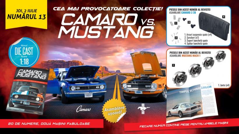 Colecția care aduce în prim plan rivalitatea „Camaro vs. Mustang” a ajuns la numărul 13. De joi, la toate chioșcurile, găsiți revista și piese noi pentru cele două machete!