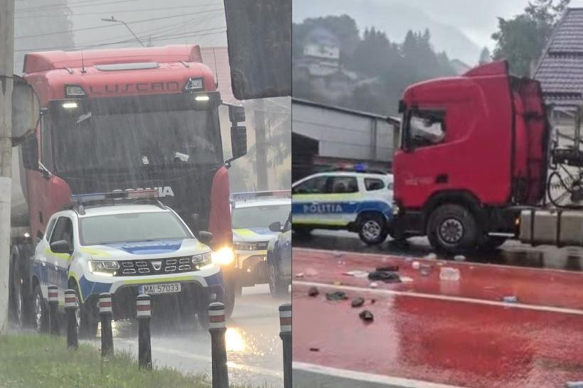 Șofer de TIR, extras cu forța din cabină după ce a lovit o autospecială de Poliție pe DN1. Negociator și trupe speciale, mobilizate la Bușteni