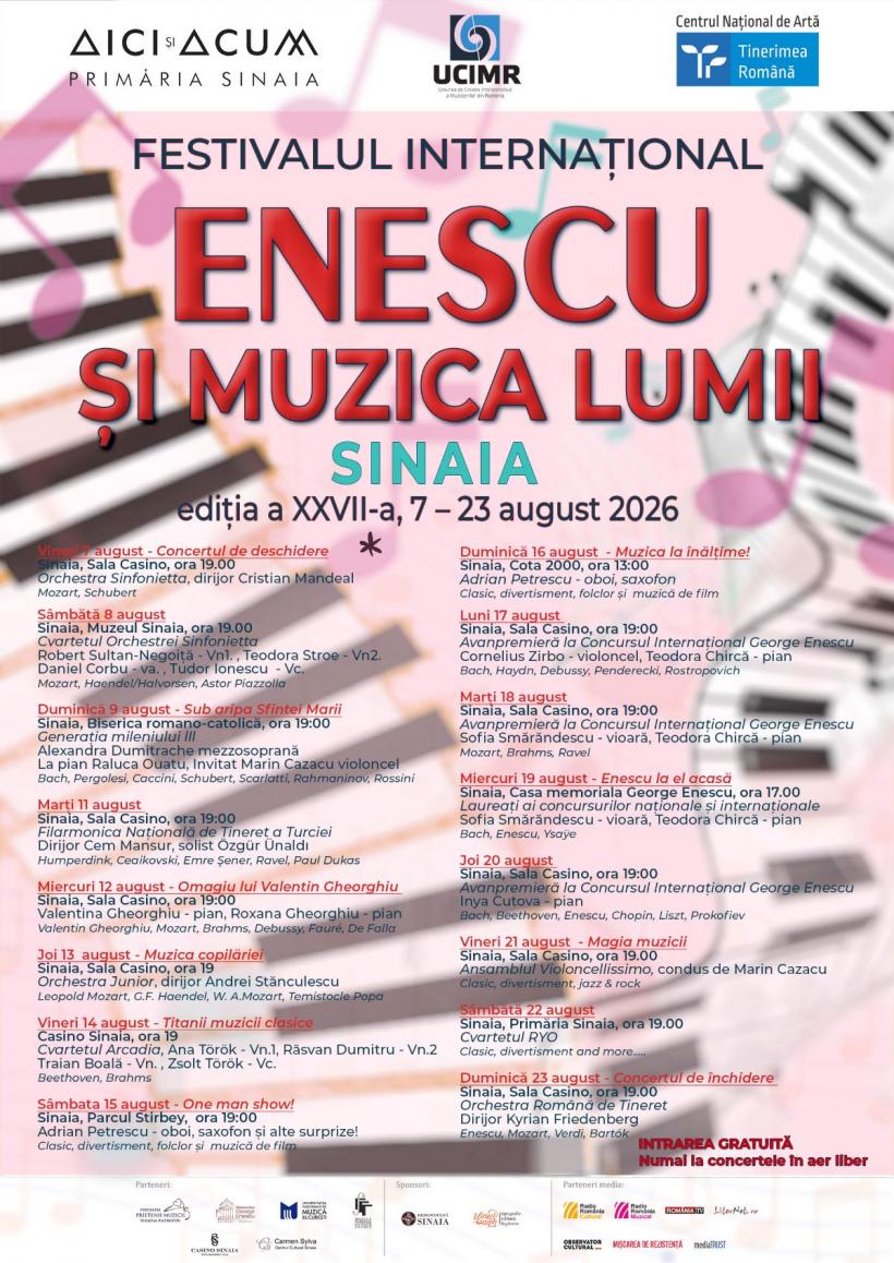 Festivalul Enescu și muzica lumii 2026 – ediția a 27-a în perioada 7– 23 august la Sinaia