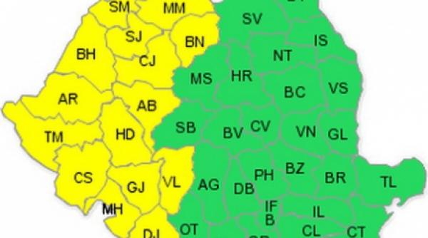 cod galben de ploi torentiale si grindina pentru jumatatea de vest a tarii