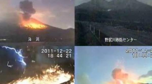 eruptia spectaculoasa a vulcanului japonez sakurajima surprinsa de patru camere de supraveghere video