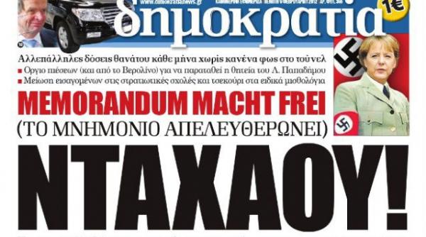 cotidianul elen dimokratia o prezinta pe angela merkel in uniforma nazista sub sloganul memorandum macht frei