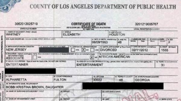 certificatul de deces al lui whitney houston a fost facut public