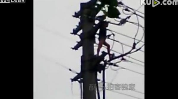 video sfarsit tragic pentru un barbat care protesta pe un stalp electric