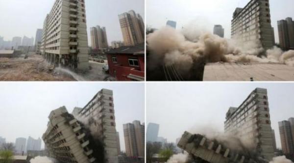 precizie incredibila chinezii au reusit sa demoleze prin explozie exact jumatate dintr un bloc turn video