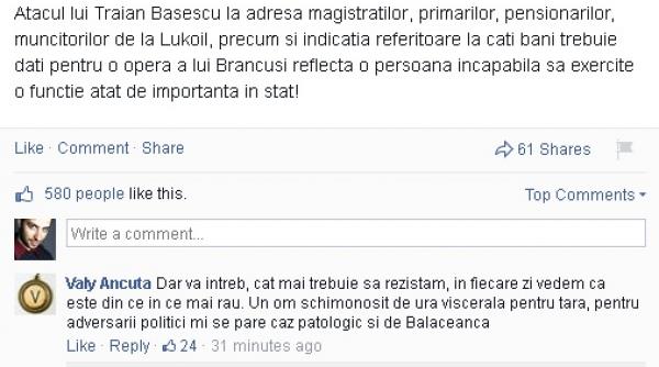 ponta pe facebook despre basescu o persoana incapabila sa exercite o functie atat de importanta in stat