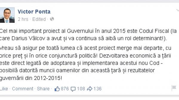 ce a scris ponta de facebook dupa ce dna a anuntat ca ministrul finantelor darius valcov este urmarit penal