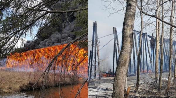 video un incendiu de proportii a distrus un pod feroviar din canada