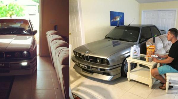 de teama uraganului matthew un american si a parcat bmw ul m3 in sufragerie
