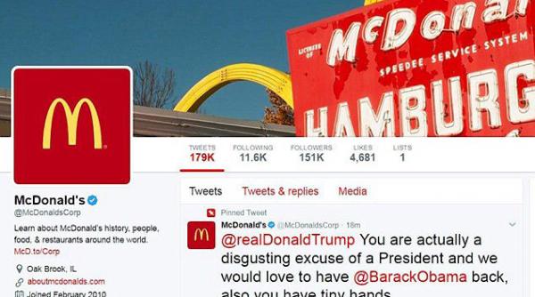 pe contul de twitter al mcdonald s a aparut un mesaj insultator la adresa lui donald trump