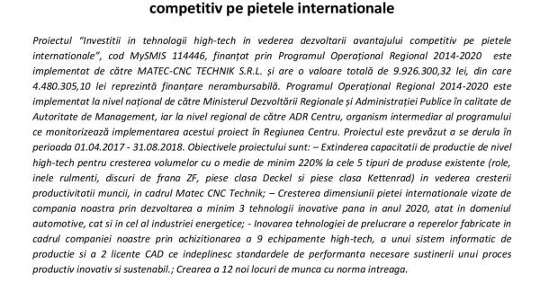 anunt de presa incepere proiect investitii in tehnologii high tech in vederea dezvoltarii avantajului competitiv pe pietele internationale
