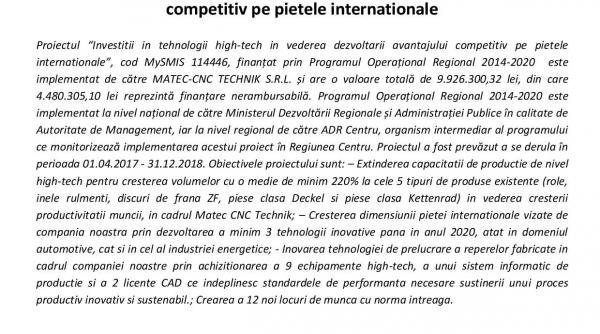 anunt de presa incheiere proiect investitii in tehnologii high tech in vederea dezvoltarii avantajului competitiv pe pietele internationale