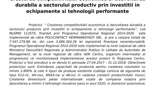 anunt de presa incheiere proiect cresterea competitivitatii economice si dezvoltarea durabila a sectorului productiv prin investitii in echipamente si tehnologii performante