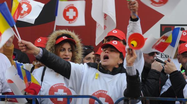 peste 150 de sindicalisti ai federatiei sanitas protesteaza in fata ministerului sanatatii
