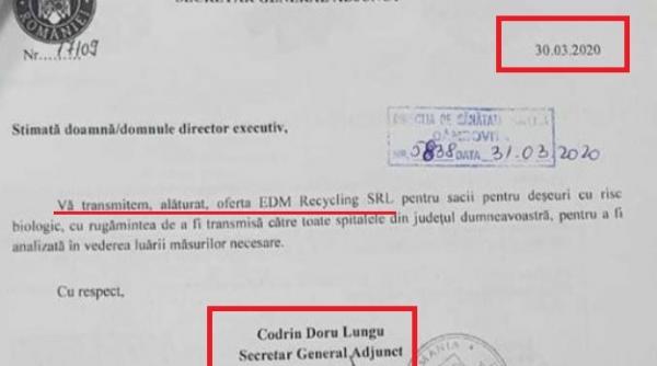 circulara cu dedicatie catre dsp uri pentru saci menajeri de la o firma patronata de asociatul fostului consilier al fostului ministru al mediului