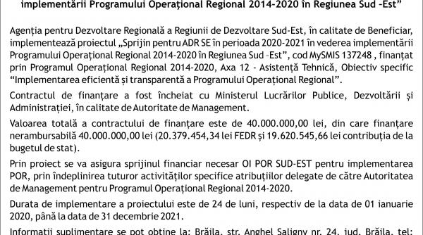 lansarea proiectului sprijin pentru adr se in perioada 2020 2021 in vederea implementarii programului operational regional 2014 2020 in regiunea sud est