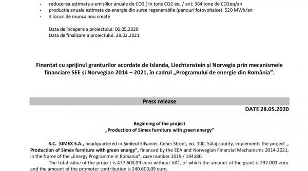 inceperea proiectului production of simex furniture with green energy