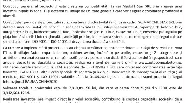 finalizarea proiectului imbunatatirea competitivitatii economice a firmei madofil star srl