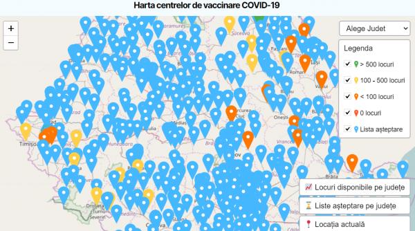 harta interactiva platforma de programare afiseaza tipurile de vaccin disponibile in fiecare centru