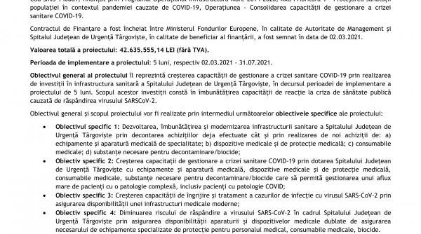 anunt comunicat de presa privind inceperea proiectului consolidarea capacitatii de gestionare a crizei sanitare covid 19 in cadrul spitalului judetean de urgenta targoviste cod smis 140881
