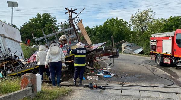 un camion cu 70 de stupi de albine lovit de un tren de calatori in judetul olt