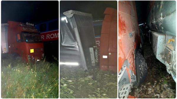 accident in giurgiu un tren incarcat cu pacura si benzina a lovit un tir circulatia prin zona este blocata