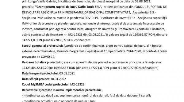 incepere proiect grant pentru capital de lucru daflo tools srl