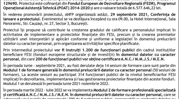 comunicat de presa cu ocazia lansarii proiectului instruire orizontala in domeniul prelucrarii datelor cu caracter personal pentru beneficiarii fesi cod proiect 1 1 114 cod smis2014 129690