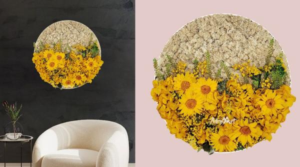 tablou rotund sunflower decorat cu licheni si flori criogenate