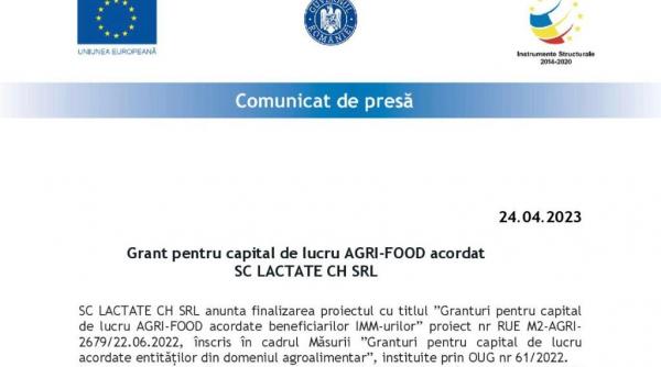 grant pentru capital de lucru agri food acordat sc lactate ch srl