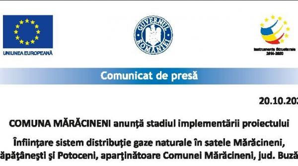 Comuna Mărăcineni anunță stadiul implementării proiectului „Înființare sistem de distribuție gaze naturale în satele Mărăcineni, Căpățânești și Potoceni, aparținătoare Comunei Mărăcineni, jud. Buzău”