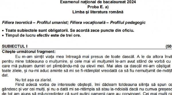 Model de subiect la Limba şi Literatura Română de la Bacalaureat 2024, sesiunea de vară