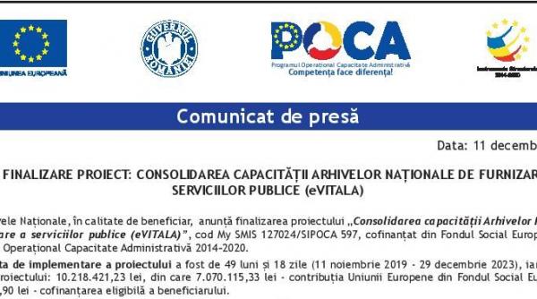 finalizare proiect consolidarea capacitatii arhivelor nationale de furnizare a serviciilor publice evitala