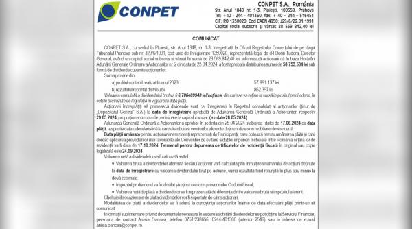 comunicat conpet distribuire sume actionari