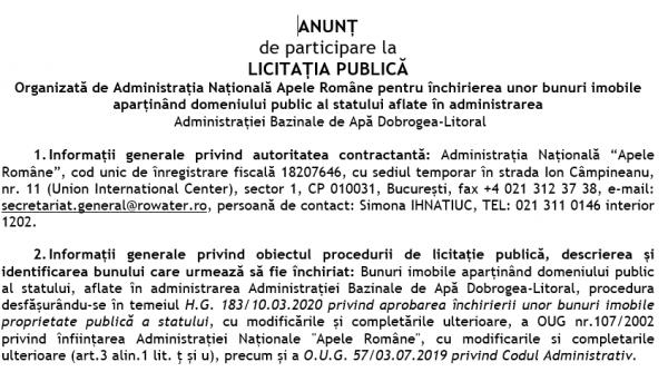 ANUNȚ  de participare la  LICITAȚIE PUBLICĂ