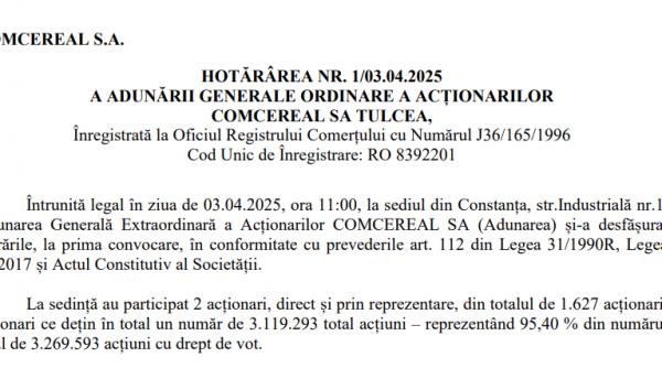 hotararea nr 1 03 04 2025 a adunarii generale ordinare a actionarilor comcereal sa tulcea