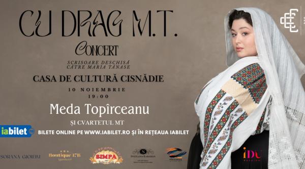 „Maria Tănase” – din nou pe scenă. Mezzo-soprana Meda Topîrceanu readuce în fața publicului, prin turneul „Cu drag, MT”, farmecul și emoția inegalabilei
