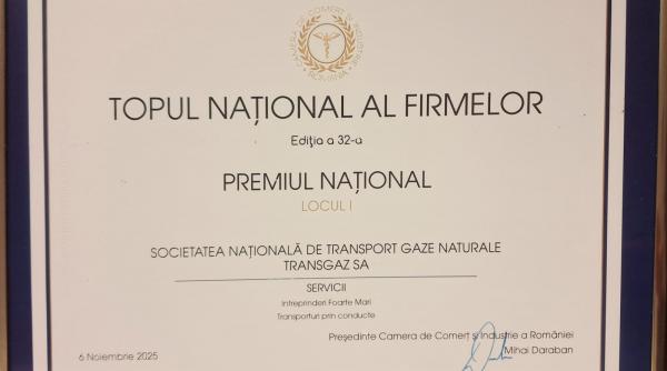 Compania TRANSGAZ a fost distinsă cu Premiul Național – Locul I în cadrul Topului Național al Firmelor 2025
